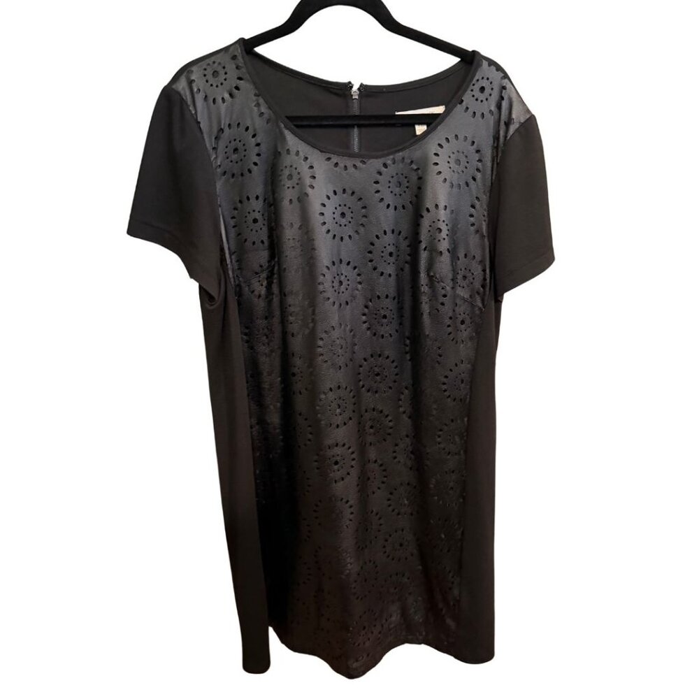 Ellen Tracy Faux Leather Front Dress | Size XL | Black Perforated Detail Shift D